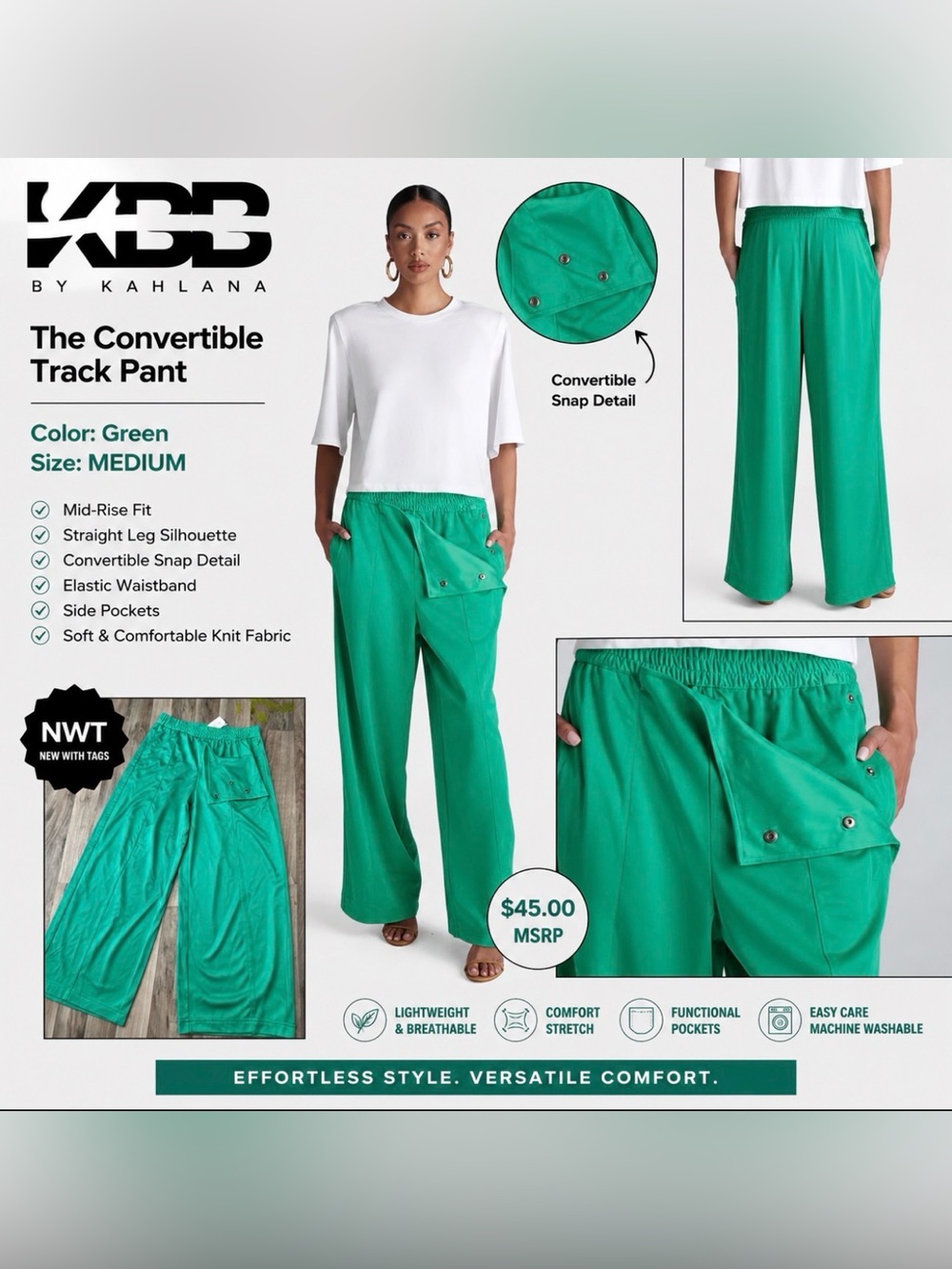 KBB by KAHLANA The Convertible Track Pant Women’s Medium Green NWT